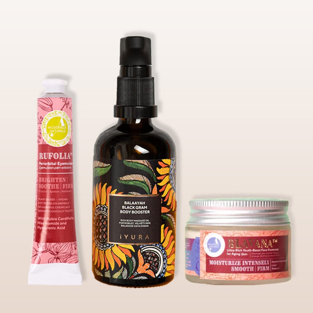 Blissful Bestsellers Bundle - With a skin-firming body oil, around-the-eye skin firming cream and an age-defying face moisturizer Beauty set The Ayurveda Experience 