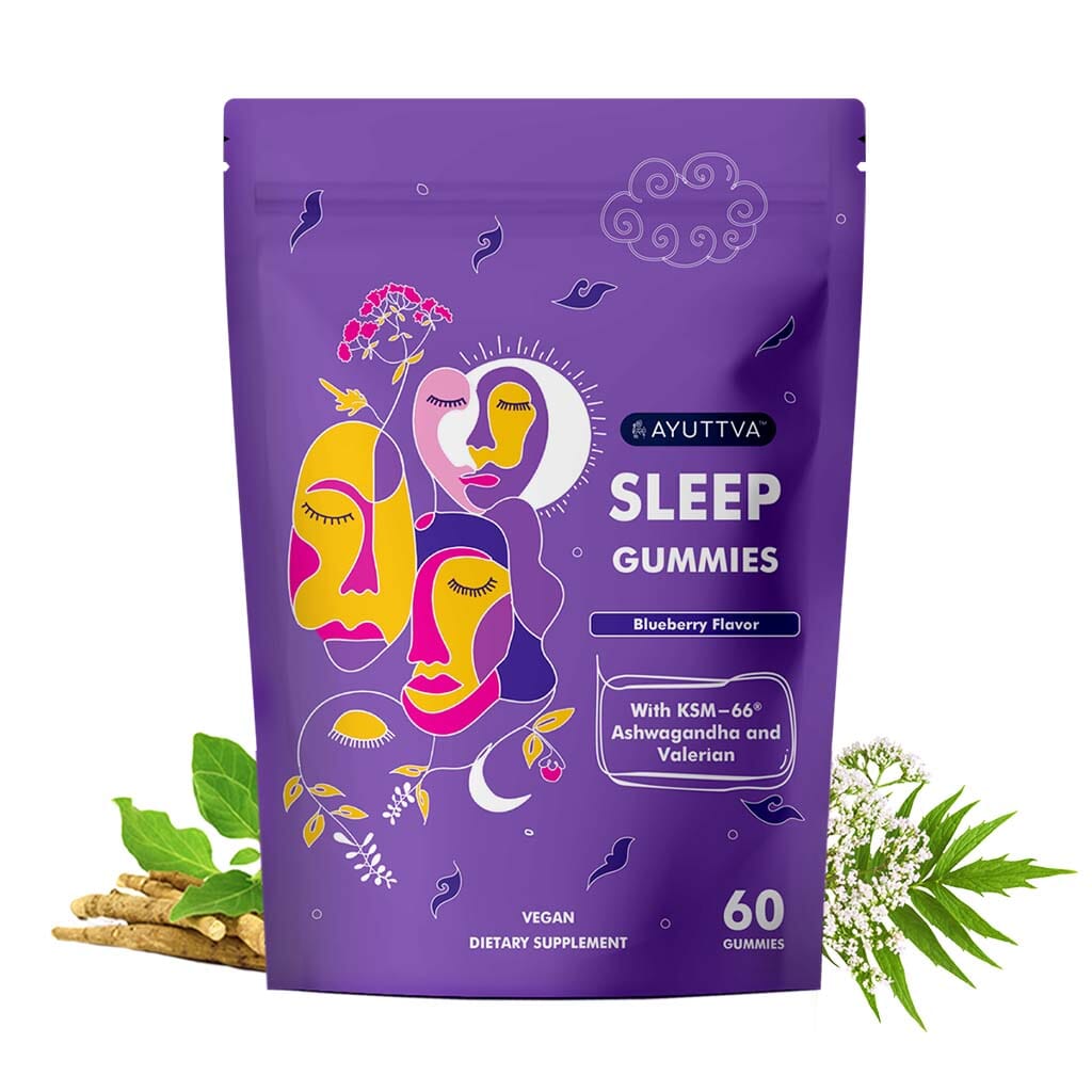 Sleep Gummies with KSM 66 Ashwagandha and Valerian Root for blissful sleep | Tasty Blueberry flavor Supplements Ayuttva 