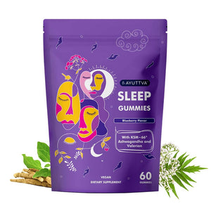 Sleep Gummies with KSM 66 Ashwagandha and Valerian Root for blissful sleep | Tasty Blueberry flavor Supplements Ayuttva 